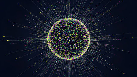 a spherical cluster of colorful particles radiating outward against a dark background. The particles...