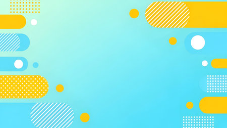 The a light blue background adorned with various geometric shapes in yellow and blue. The shapes...