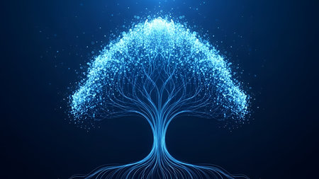 a luminous blue tree with intricate branches and roots, set against a dark background. The tree...