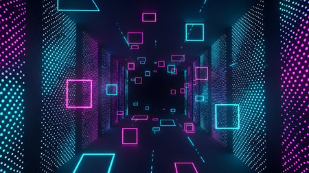 a futuristic tunnel composed of vertical neon-lit grids with pink and cyan dots. Floating squares of...