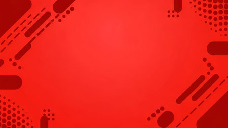 a predominantly red abstract background adorned with various geometric shapes and patterns. The includes dotted and dashed lines forming elongated ovals and rectangles, creating a sense of movement and dynamism. The vibrant red hue dominates the scene, with darker red accents adding depth and contrast. The overall composition is visually striking and energetic, various and artistic applications.の写真素材