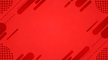 a vibrant red background adorned with abstract geometric shapes and dotted patterns. The includes...