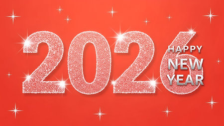 The a vibrant red background adorned with numerous small, shiny stars scattered throughout. The...
