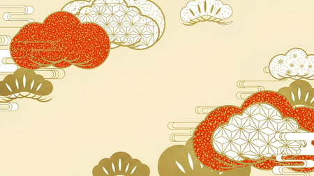 The a decorative pattern with red and gold clouds and chrysanthemums on a beige background. The clouds are filled with intricate geometric and are outlined in gold, while the chrysanthemums are rendered in gold with detailed petals. The overall composition is symmetrical and balanced, creating a harmonious and visual effect. The pattern is stylized in a traditional Asian aesthetic, emphasizing cultural motifs and artistic detailing.の写真素材
