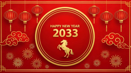 The a vibrant red background adorned with golden decorative At the center, there is a circular frame...