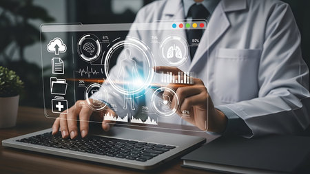 A doctor wearing a white coat is using a laptop with a holographic display showing various medical...