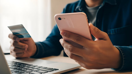 A person wearing a blue shirt is holding a credit card in one hand and a white smartphone in the...