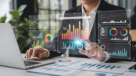 The a person in a business suit interacting with holographic data in an office setting. The...