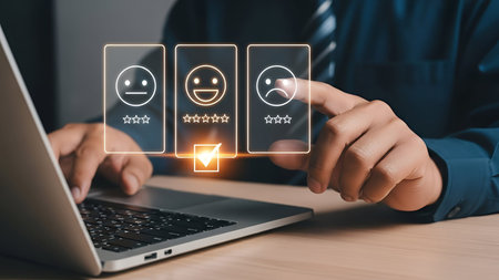 The a person using a laptop, with their hand pointing at a digital interface displaying three rating...