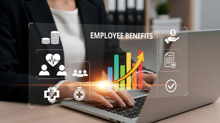 The a person typing on a laptop in an office setting. Overlaid on the scene are various floating related to employee benefits, including for healthcare, financial planning, and group benefits. A colorful bar graph with an upward trend is prominently displayed, symbolizing growth and success. The person is dressed in business attire, and the overall mood suggests a corporate or environment focused on employee benefits and business productivity.の写真素材