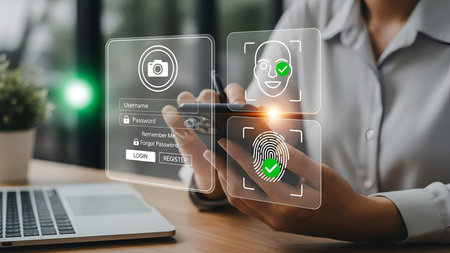 The a person using a holographic biometric login interface. The interface options for face...