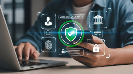 The a person using a smartphone with various digital security verification floating around it. The...