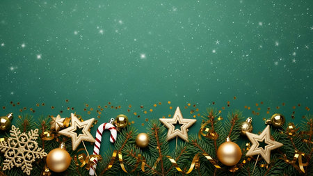 The a festive arrangement of Christmas decorations set against a dark green background with...