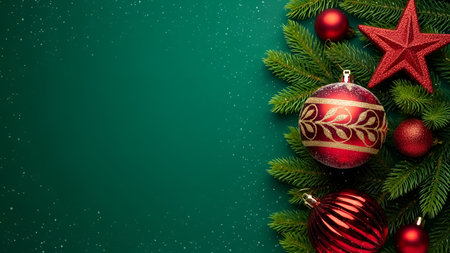 The a close-up of Christmas decorations against a dark green background. The decorations include red...