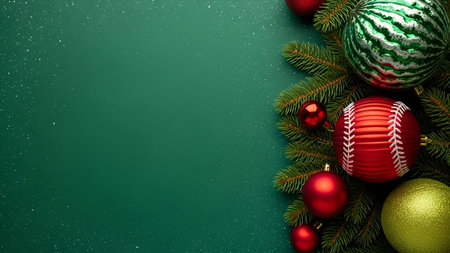The a festive arrangement of Christmas ornaments designed to resemble baseballs. The ornaments are predominantly green, red, and gold, with white stitching mimicking the look of baseballs. They are placed on green pine branches, which add a natural and traditional Christmas feel. The background is a dark green with a subtle texture, enhancing the focus on the vibrant ornaments. The overall mood is festive and celebratory, holiday-themedの写真素材