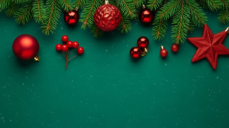 The a festive arrangement of Christmas decorations against a dark green background. Red baubles of various sizes, including large and small ones, are scattered across the scene. A glittery red star and green pine branches adorned with red berries are also present, adding to the holiday ambiance. The decorations are shiny and sparkly, creating a vibrant and festive mood.の写真素材