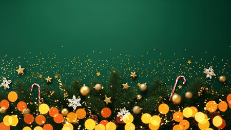 The a festive Christmas scene with a dark green background adorned with various holiday decorations....