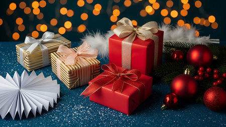 The a festive arrangement of Christmas gifts and decorations on a blue background. There are several...