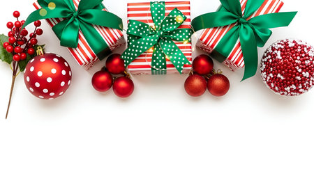 The a festive arrangement of Christmas gifts and decorations on a white background. There are three...