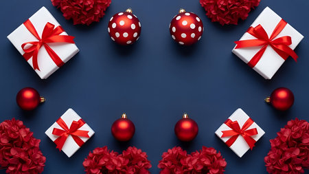 The a festive arrangement of white gift boxes with red ribbons, red and white polka-dotted ornaments, and red flowers on a dark background. The gifts and ornaments are arranged in a circular pattern, creating a visually appealing composition. The red flowers are placed at the outer edges, while the gifts and ornaments are positioned towards the center. The overall color scheme is predominantly red, white, and dark blue, evoking a holiday and festive mood.の写真素材