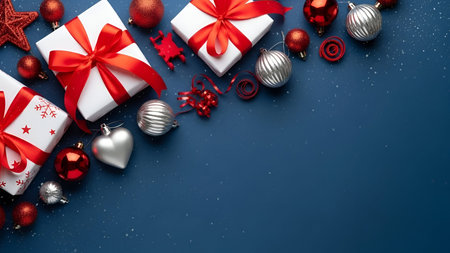 The a festive arrangement of Christmas gifts and ornaments on a blue background. There are three...