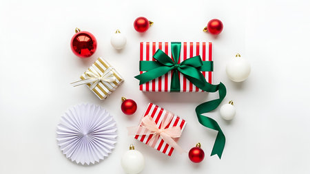 The a festive arrangement of Christmas gifts and ornaments on a white background. There are several...