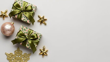The two wrapped Christmas gifts with green ribbons and bows, placed on a white background. The...
