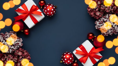 The two white gift boxes with red ribbons placed on a dark background. Surrounding the gifts are...