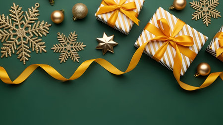 The a festive Christmas scene with wrapped gifts adorned with yellow ribbons on a dark green background. The gifts are wrapped in striped paper and tied with large yellow bows. Surrounding the gifts are gold snowflakes, gold baubles, and a star-shaped ornament. A yellow ribbon is also curled around the scene, adding to the festive atmosphere. The overall mood is celebratory and holiday-themed.の写真素材