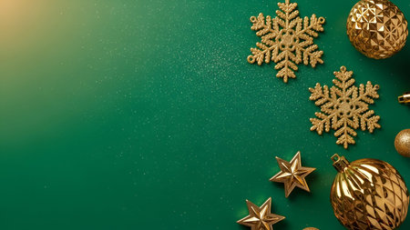 The a collection of gold Christmas ornaments and snowflakes arranged on a dark green background. The...