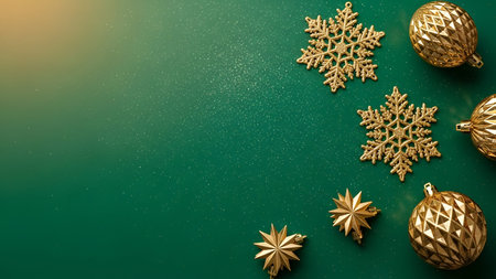 The a collection of gold Christmas ornaments and snowflakes arranged on a green background. The ornaments are shiny and reflective, with a metallic finish, and include baubles and star shapes. The snowflakes are intricately designed with a delicate, lacy pattern. The background is a solid green color with a subtle gradient and a slight sparkle effect, enhancing the festive and holiday mood of theの写真素材