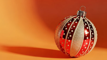 A spherical Christmas ornament with a red and silver striped pattern and glittery texture is prominently displayed against a warm, orange background. The ornament alternating red and silver sections with white dots, creating a reflective and shiny appearance. The lighting highlights the ornament's texture and sparkle, emphasizing its festive and decorative nature.の写真素材