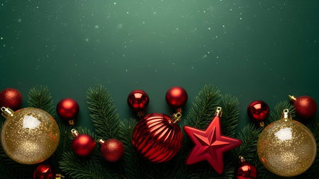 The a festive arrangement of red and gold Christmas ornaments placed on green branches. The ornaments include shiny red and gold baubles, with a prominent red star decoration in the center. The background is a dark green with a subtle starry pattern, enhancing the holiday atmosphere. The composition is flat and decorative, focusing on the vibrant colors and reflective surfaces of the ornaments.の写真素材