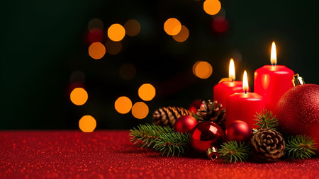 The three red candles lit with flames, surrounded by pine cones, red baubles, and green branches on a red glittery background. Bokeh lights in warm tones create a festive and cozy atmosphere, suggesting a holiday or Christmas setting. The composition is rich in texture and color, with the red standing out against the glittery backdrop.の写真素材