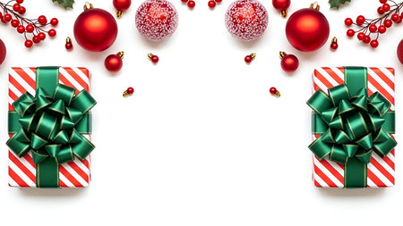 The two gift boxes wrapped in red and white striped paper, each adorned with large green satin bows....