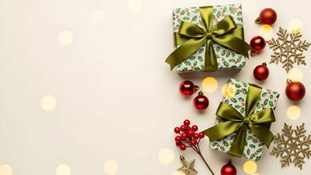 The two rectangular gifts wrapped in green paper adorned with a holly pattern. Each gift is tied...