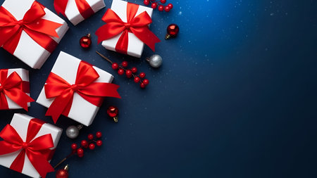 The several white gift boxes adorned with red ribbons, arranged on a solid blue background. The...