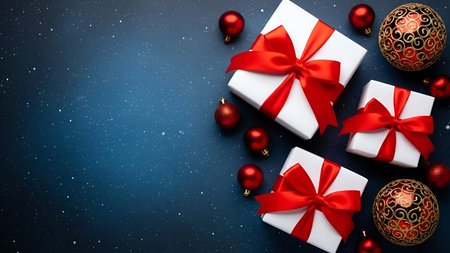 The three white gift boxes with red ribbons tied around them, placed on a dark, starry background....