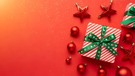 The a vibrant red background with a subtle glitter effect. In the center, there is a wrapped gift...