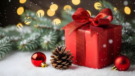 The a red gift box with a glittery texture, adorned with a red ribbon tied in a bow. The box is placed on a snowy surface, surrounded by pine branches, a pine cone, and two red baubles with gold accents. The background includes blurred Christmas lights and snowflakes, creating a festive and cozy holiday atmosphere.の写真素材