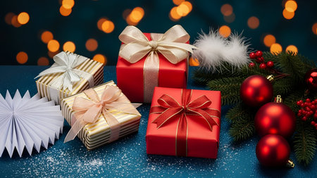 The a festive holiday scene with four wrapped gifts placed on a blue surface. The gifts are wrapped...