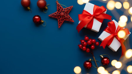 The two white gift boxes with red ribbons placed on a blue background. Surrounding the gifts are red...