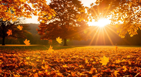A picturesque autumn park scene bathed in warm sunlight. Golden sunbeams stream through the branches of trees laden with orange and yellow foliage. Numerous colorful leaves are scattered on the ground, and some are captured mid-fall, creating a vibrant and serene seasonal atmosphere.