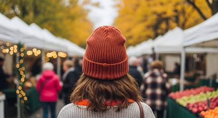 The back of a woman wearing a knitted orange beanie and a patterned sweater is shown as she walks through an outdoor market. White tents line the pathway, with strings of lights visible on the left. In the background, autumn trees with yellow foliage create a warm, seasonal backdrop. Stalls displaying colorful produce can be seen on the right.