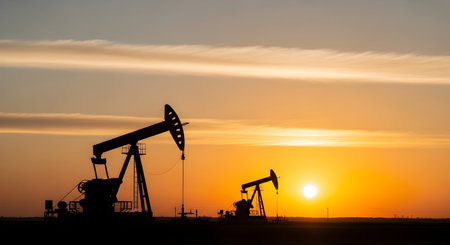 Two oil pump jacks are silhouetted against a vibrant sunset. The sky is filled with streaks of orange and yellow clouds, with the sun appearing as a bright orb on the right horizon. The industrial machinery stands in stark contrast to the natural beauty of the sky, representing energy production.