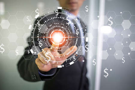 Double exposure of businessman hand touching future and circular world map line networking as business, globalization, communication and innovation conceptの写真素材