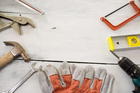 Standard construction safety equipment on tableの写真素材