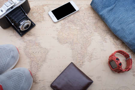 Overhead view of Traveler's accessories, Travel concept backgroundの写真素材