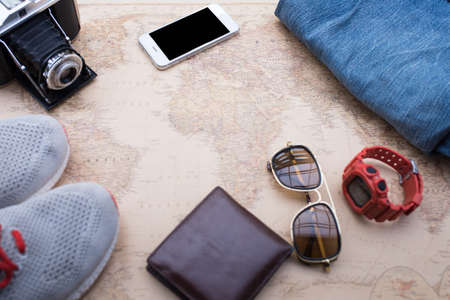 Overhead view of Traveler's accessories, Travel concept backgroundの写真素材