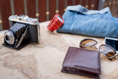 Overhead view of Traveler's accessories, Travel concept backgroundの写真素材